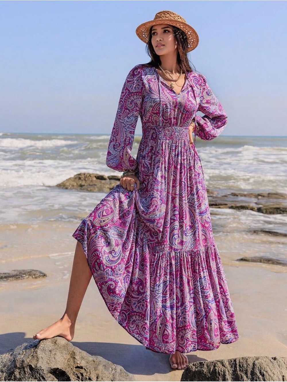 Rusttydustty Woman Floral V-Neck Long Sleeve Elegant Dress size L